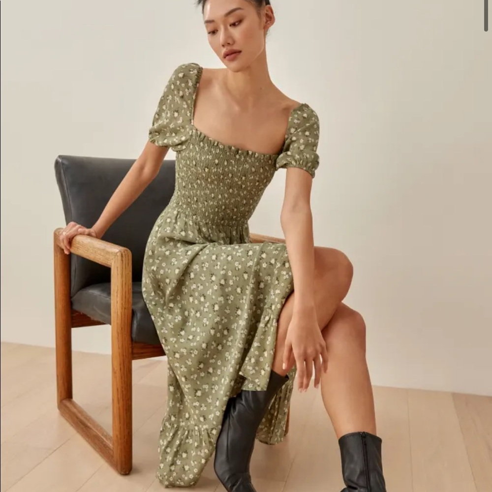 Reformation Olive Floral Puff-Sleeve Smocked Midi Dress